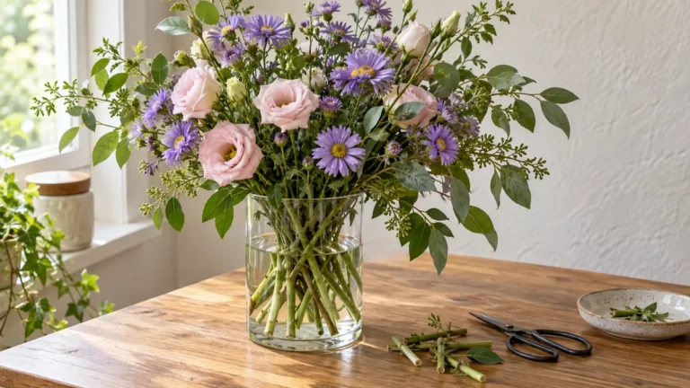 Flores de corte em vaso com água limpa e tesoura sobre uma mesa.